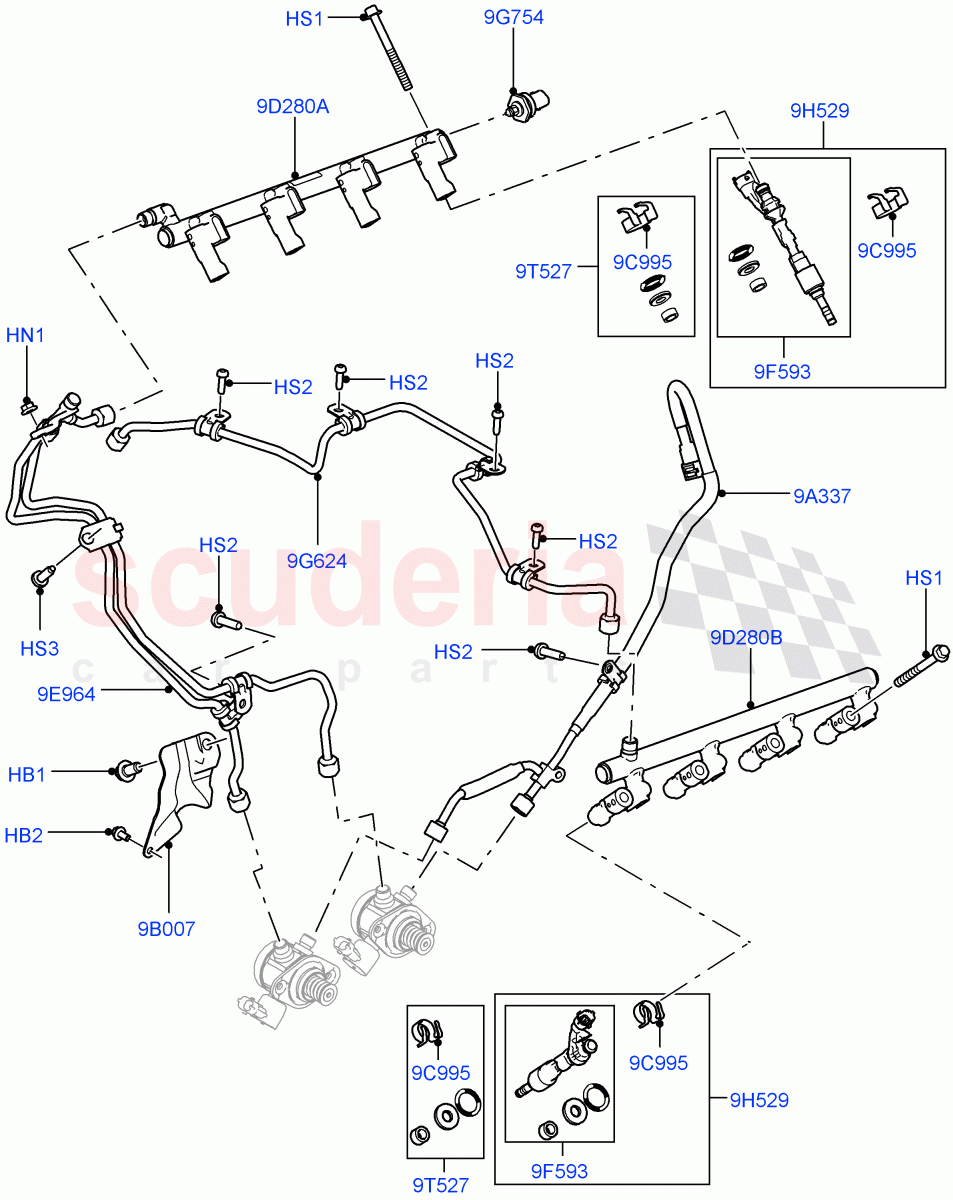 Fuel Injectors And Pipes (5.0L OHC SGDI SC V8 Petrol - AJ133) ((V) TOHA999999) of Land Rover Land Rover Range Rover Sport (2014+) [5.0 OHC SGDI SC V8 Petrol]