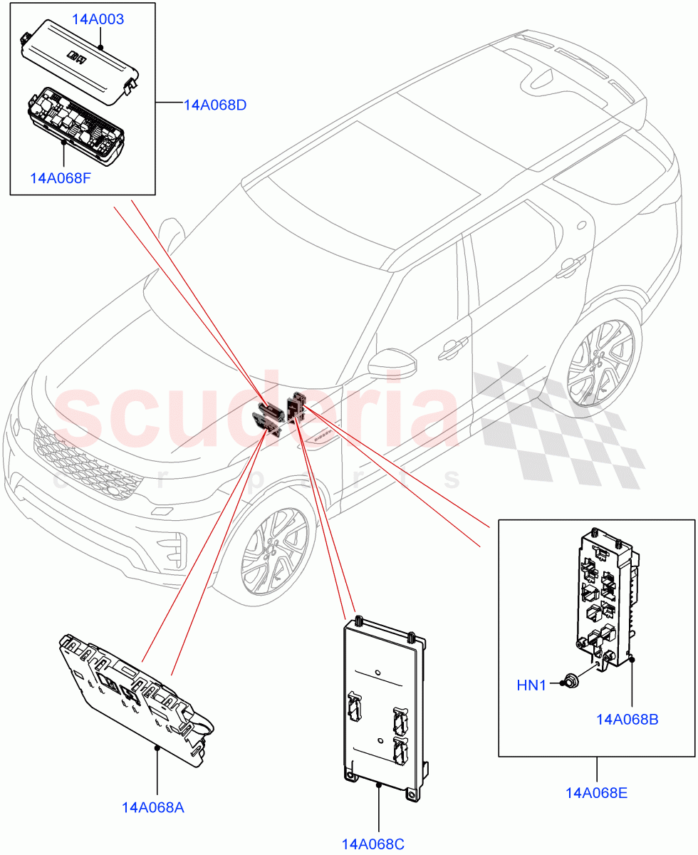 Fuses, Holders And Circuit Breakers (Solihull Plant Build, Front) ((V) FROMHA000001) of Land Rover Land Rover Discovery 5 (2017+) [3.0 I6 Turbo Diesel AJ20D6]