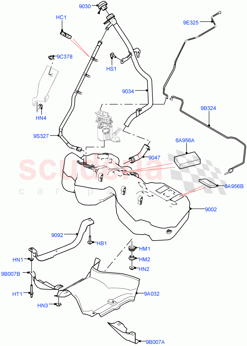 Fuel Tank & Related Parts (2.0L I4 Mid DOHC AJ200 Petrol, Fuel Tank-Petrol W/O Leak Detection, 2.0L I4 High DOHC AJ200 Petrol, Pet Tank W/O Leak Det - Std Filter) ((V) FROMKA000001) of Land Rover Land Rover Range Rover Velar (2017+) [2.0 Turbo Petrol AJ200P]
