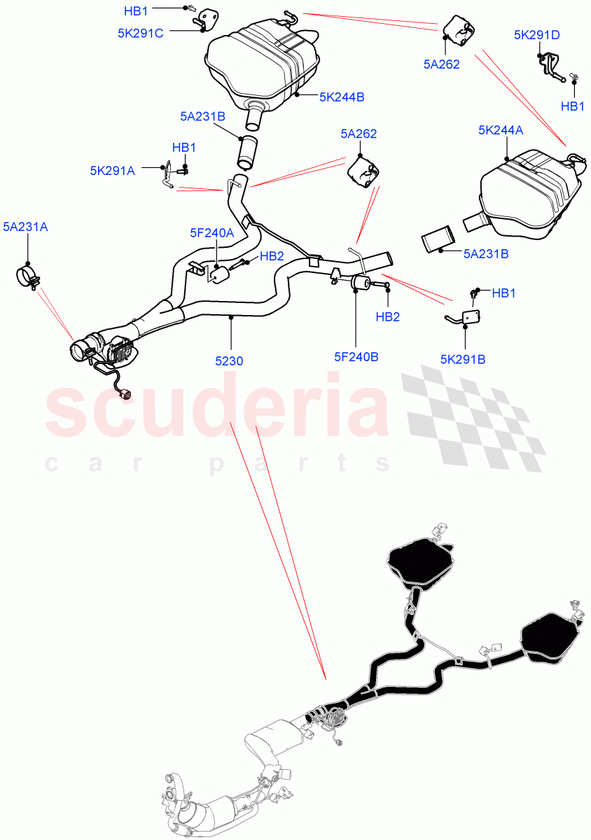 Rear Exhaust System (Nitra Plant Build) (3.0 V6 D Gen2 Mono Turbo, LEV 160, Japanese Emission + DPF, 3.0 V6 D Gen2 Twin Turbo, EU6D Diesel + DPF Emissions) ((V) FROMK2000001) of Land Rover Land Rover Discovery 5 (2017+) [3.0 Diesel 24V DOHC TC]