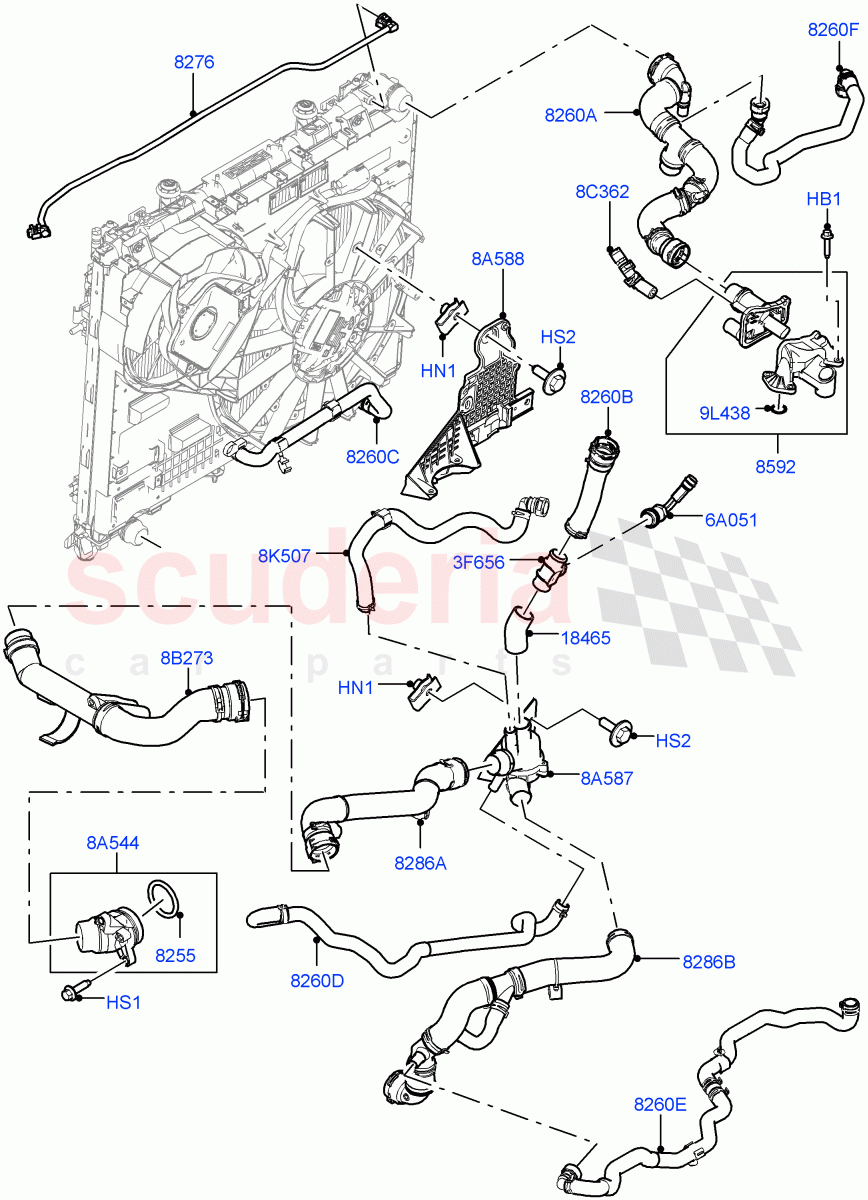 Cooling System Pipes And Hoses(Engine, Solihull Plant Build)(3.0 V6 D Gen2 Twin Turbo,With Standard Engine Cooling System,Immersion Heater - 700W / 110V)((V)FROMKA000001) of Land Rover Land Rover Range Rover (2012-2021) [3.0 Diesel 24V DOHC TC]