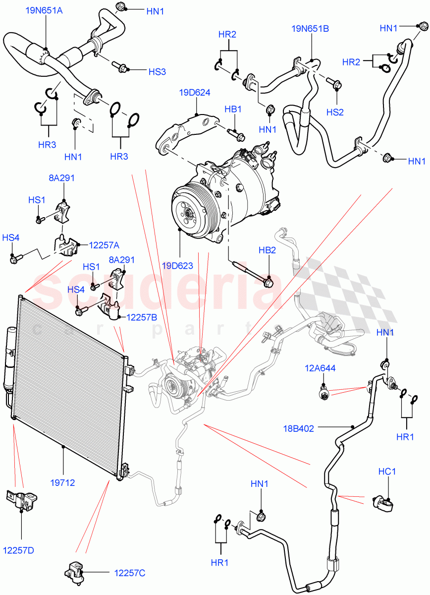 Air Conditioning Condensr/Compressr(Front, Nitra Plant Build)(3.0 V6 D Gen2 Mono Turbo,3.0 V6 D Gen2 Twin Turbo,3.0 V6 D Low MT ROW)((V)FROMK2000001,(V)TOL2999999) of Land Rover Land Rover Discovery 5 (2017+) [2.0 Turbo Diesel]