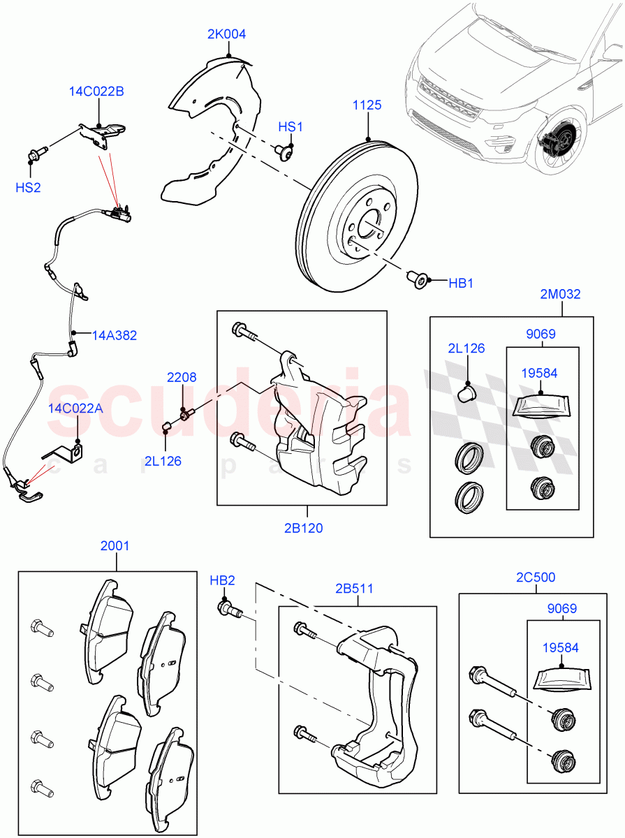 Front Brake Discs And Calipers (Halewood (UK), Disc And Caliper Size-Frt 18/RR 17, Front Disc And Caliper Size 18, Disc And Caliper Size-Frt 18/RR 16) ((V) FROMHH000001, (V) TOKH999999) of Land Rover Land Rover Discovery Sport (2015+) [1.5 I3 Turbo Petrol AJ20P3]