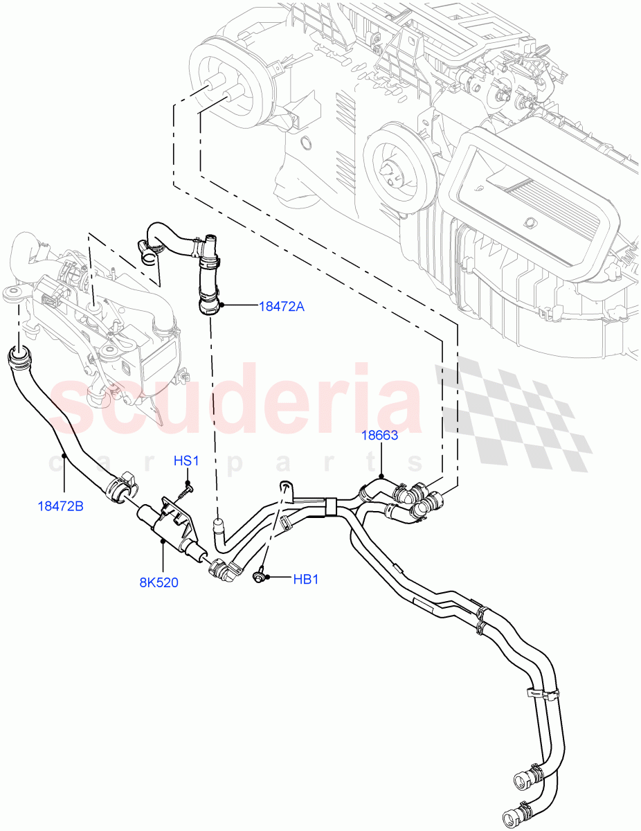 Heater Hoses(Solihull Plant Build)(2.0L I4 DSL HIGH DOHC AJ200,With Fuel Fired Heater,With Front Comfort Air Con (IHKA),Less Park Heating,2.0L I4 DSL MID DOHC AJ200,With Manual Air Conditioning)((V)FROMHA000001,(V)TOHA999999) of Land Rover Land Rover Discovery 5 (2017+) [3.0 I6 Turbo Diesel AJ20D6]