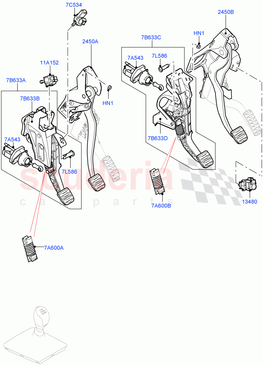 Brake And Clutch Controls(6 Speed Manual Trans M66 - AWD,Halewood (UK),Unique Met Finish Foot Pedals Pads,6 Speed Manual Trans-JLR M66 2WD,6 Speed Manual Trans BG6)((V)FROMGH000001) of Land Rover Land Rover Discovery Sport (2015+) [1.5 I3 Turbo Petrol AJ20P3]