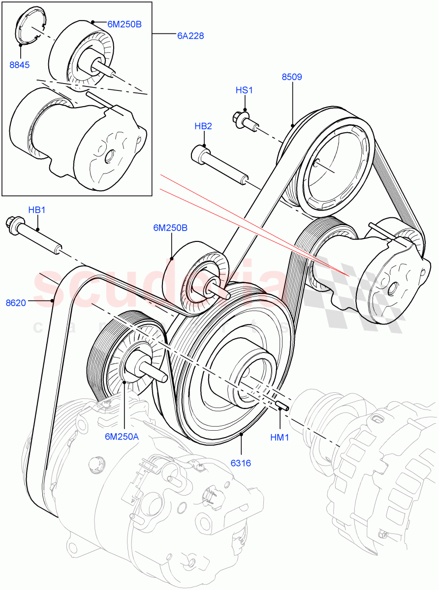 Pulleys And Drive Belts(2.0L AJ20P4 Petrol High PTA,Halewood (UK),Less Electric Engine Battery,2.0L AJ20P4 Petrol E100 PTA,2.0L AJ20P4 Petrol Mid PTA) of Land Rover Land Rover Discovery Sport (2015+) [2.0 Turbo Petrol AJ200P]