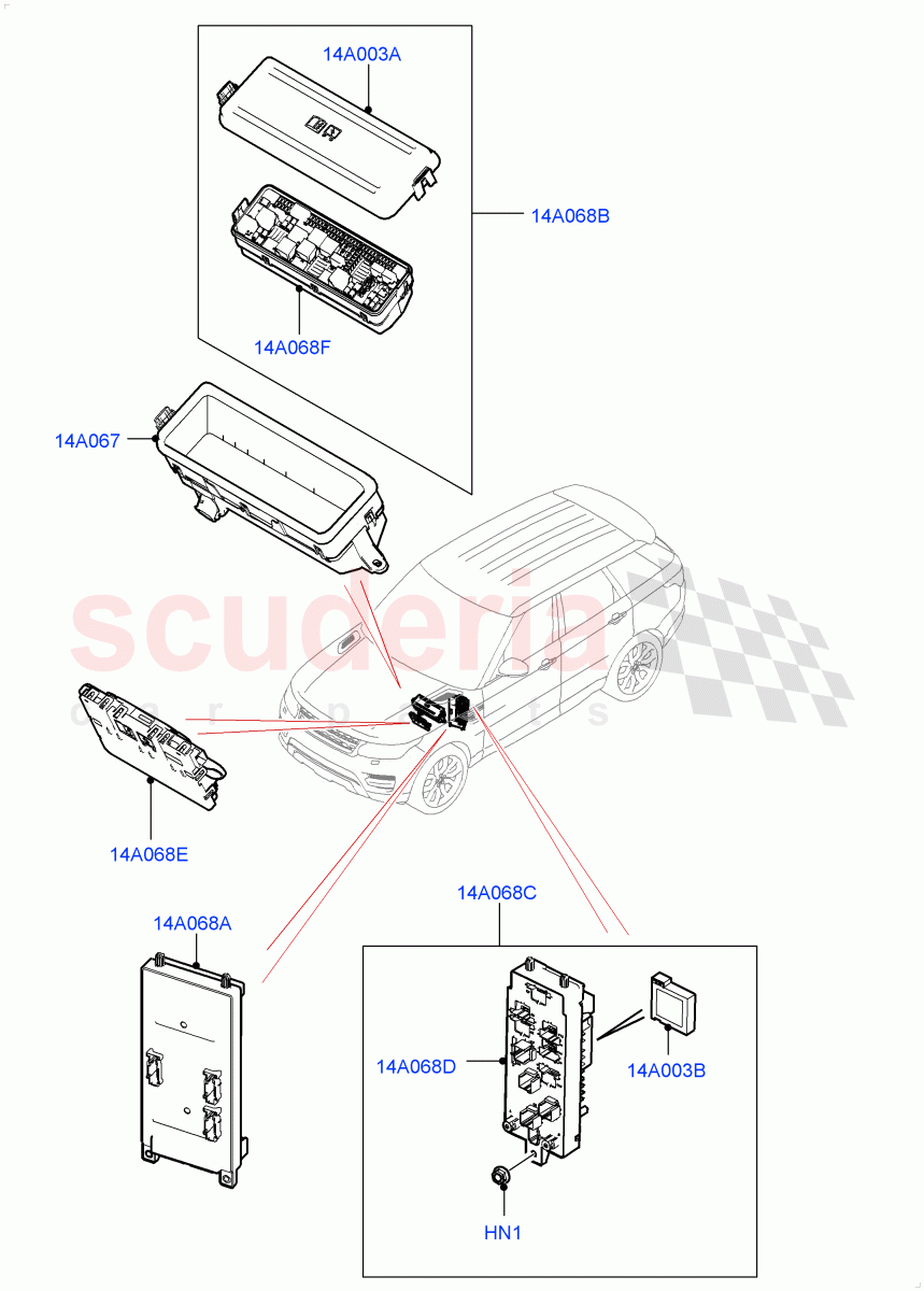 Fuses, Holders And Circuit Breakers (Front) of Land Rover Land Rover Range Rover Sport (2014+) [3.0 I6 Turbo Petrol AJ20P6]