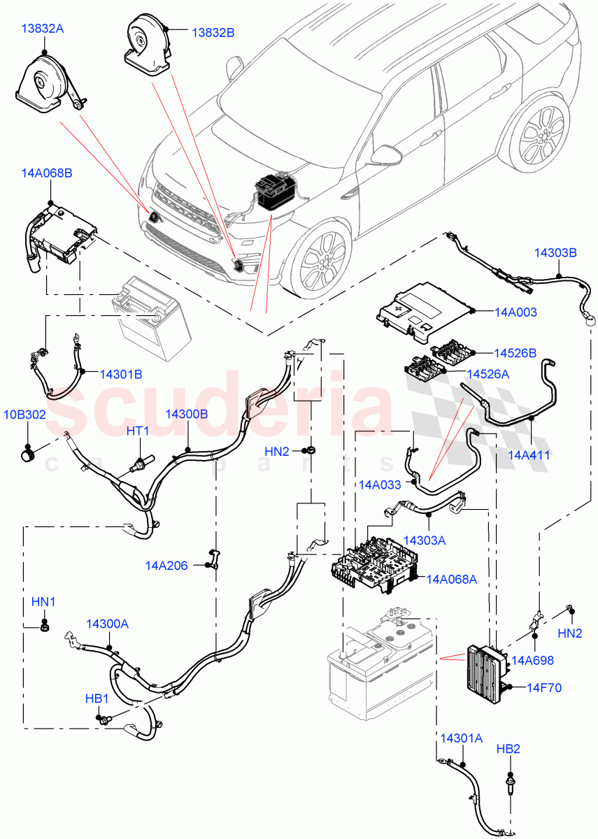 Battery Cables And Horn(Halewood (UK))((V)FROMLH000001) of Land Rover Land Rover Discovery Sport (2015+) [2.0 Turbo Diesel AJ21D4]