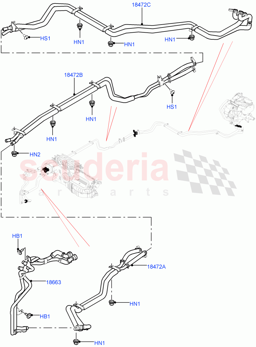 Heater Hoses(Rear)(3.0L DOHC GDI SC V6 PETROL,Premium Air Conditioning-Front/Rear,3.0 V6 D Gen2 Twin Turbo,5.0L P AJ133 DOHC CDA S/C Enhanced,3.0 V6 D Low MT ROW,3.0 V6 D Gen2 Mono Turbo,5.0 Petrol AJ133 DOHC CDA,4.4L DOHC DITC V8 Diesel)((V)FROMKA000001) of Land Rover Land Rover Range Rover Sport (2014+) [3.0 I6 Turbo Petrol AJ20P6]