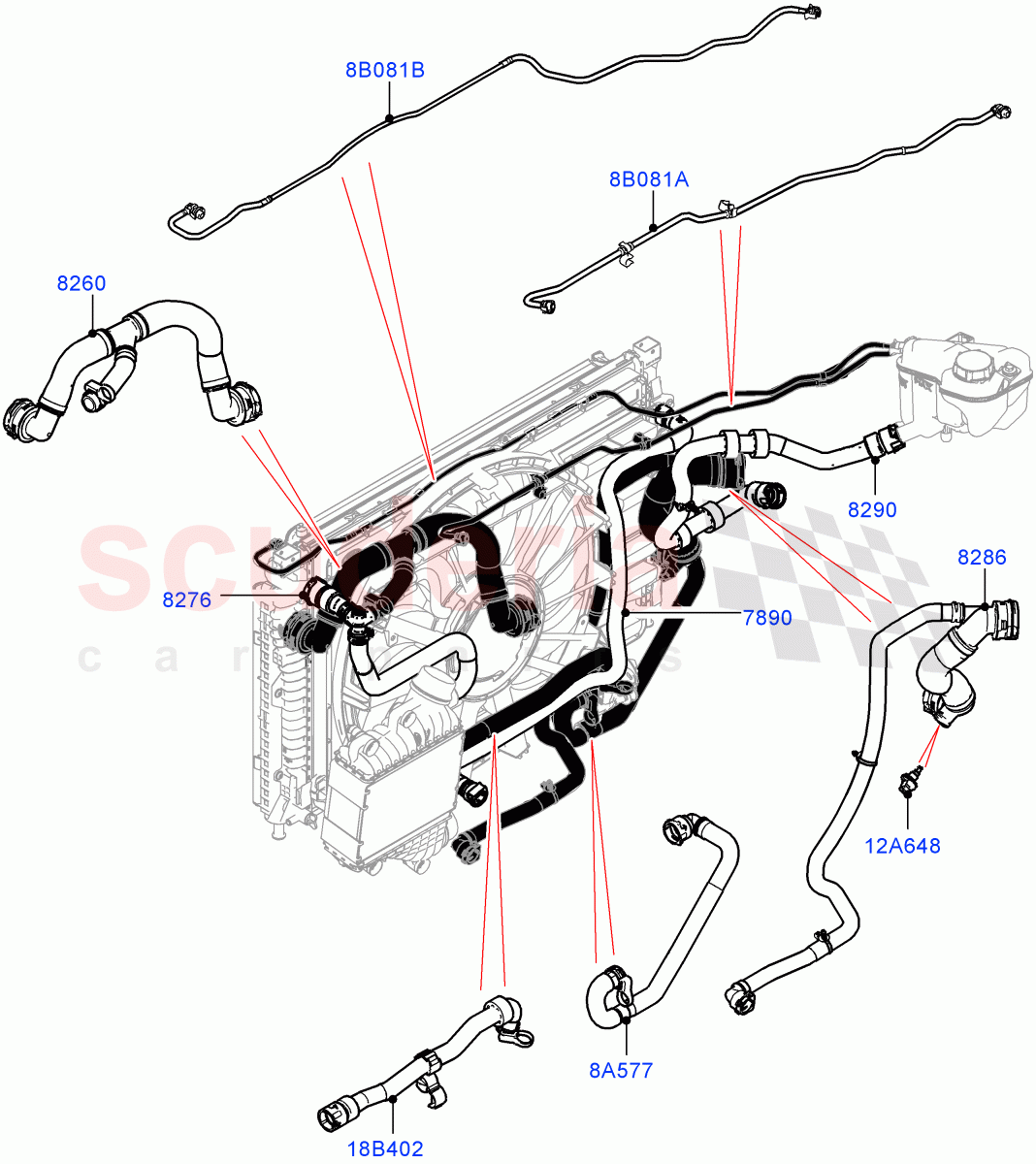 Cooling System Pipes And Hoses (2.0L I4 Mid DOHC AJ200 Petrol, With Standard Engine Cooling System, Less Active Tranmission Warming, 2.0L I4 Mid AJ200 Petrol E100) ((V) FROMJH000001) of Land Rover Land Rover Range Rover Evoque (2012-2018) [2.0 Turbo Petrol AJ200P]