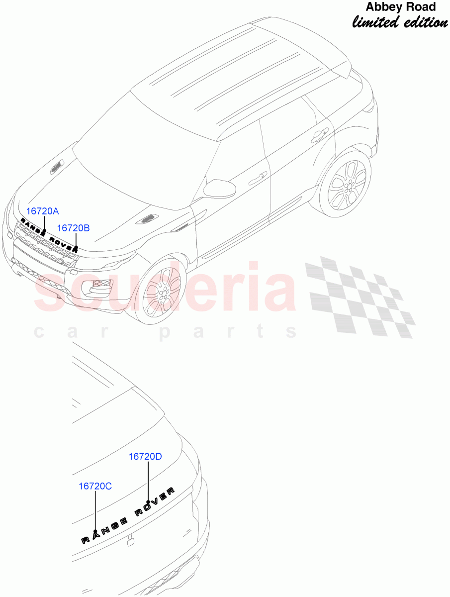 Name Plates(Abbey Road LE)(Halewood (UK),Front Range Rover Badge - Red)((V)FROMFH000001) of Land Rover Land Rover Range Rover Evoque (2012-2018) [2.0 Turbo Petrol AJ200P]