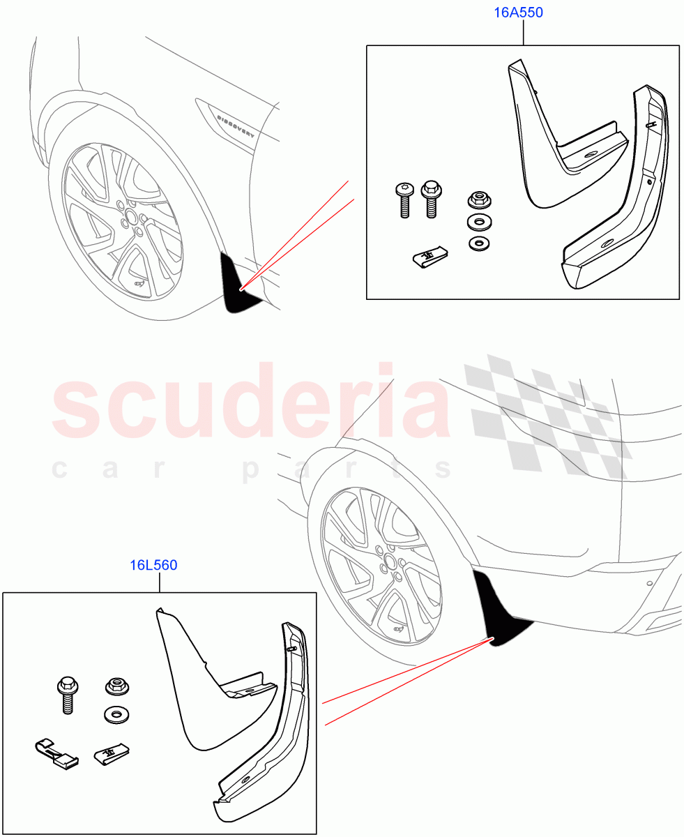 Mudflaps - Front & Rear(Nitra Plant Build, Solihull Plant Build) of Land Rover Land Rover Discovery 5 (2017+) [3.0 I6 Turbo Diesel AJ20D6]