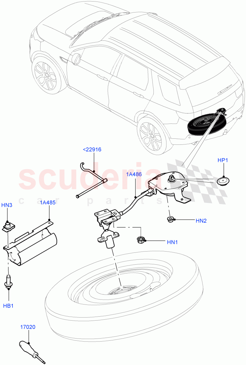 Spare Wheel Carrier (Halewood (UK), With 3rd Row Double Seat, With 7 Seat Configuration, Third Row Dual Individual Seat) of Land Rover Land Rover Discovery Sport (2015+) [1.5 I3 Turbo Petrol AJ20P3]