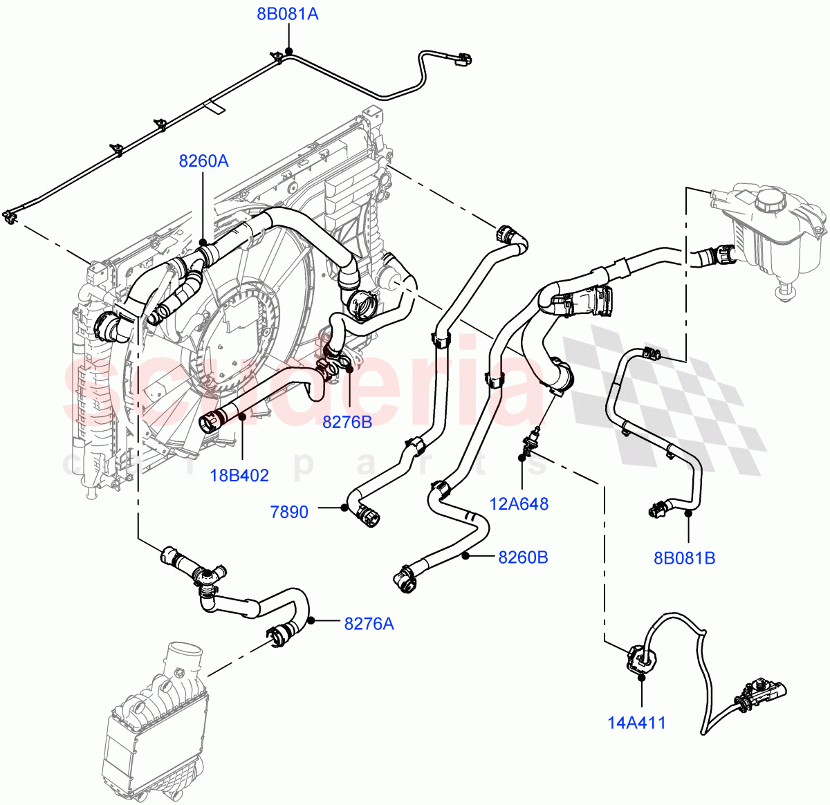 Cooling System Pipes And Hoses (2.0L AJ20D4 Diesel Mid PTA, 9 Speed Auto Trans 9HP50, Halewood (UK), Medium Engine Cooling, Fuel Tank-Diesel, High Engine Cooling, 2.0L AJ20D4 Diesel LF PTA, Low Engine Cooling) of Land Rover Land Rover Range Rover Evoque (2019+) [2.0 Turbo Diesel]