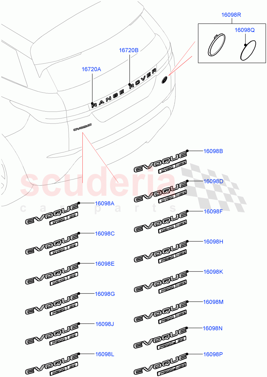 Name Plates(Rear)(Halewood (UK),Trunk Badge-SE,Trunk Badge-HSE) of Land Rover Land Rover Range Rover Evoque (2019+) [1.5 I3 Turbo Petrol AJ20P3]