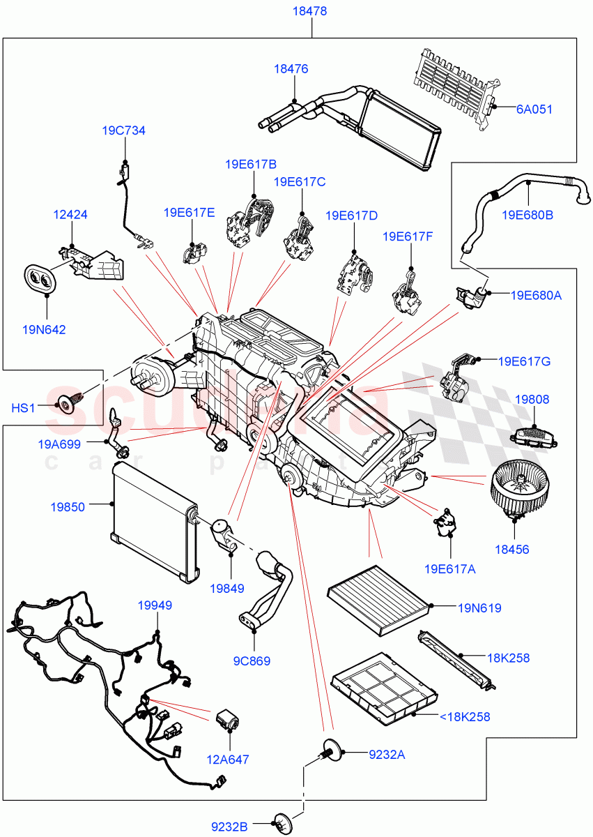 Heater/Air Cond.Internal Components(Heater Main Unit)(Premium Air Conditioning-Front/Rear)((V)TOLA999999) of Land Rover Land Rover Range Rover Velar (2017+) [3.0 I6 Turbo Petrol AJ20P6]