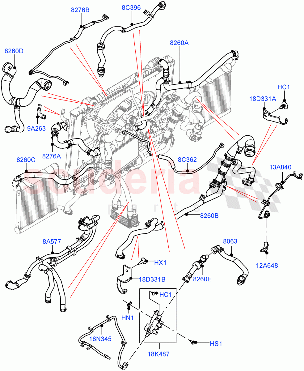 Cooling System Pipes And Hoses (2.0L I4 Mid DOHC AJ200 Petrol, With Extra Engine Cooling System, 2.0L I4 High DOHC AJ200 Petrol) of Land Rover Land Rover Range Rover Velar (2017+) [2.0 Turbo Petrol AJ200P]