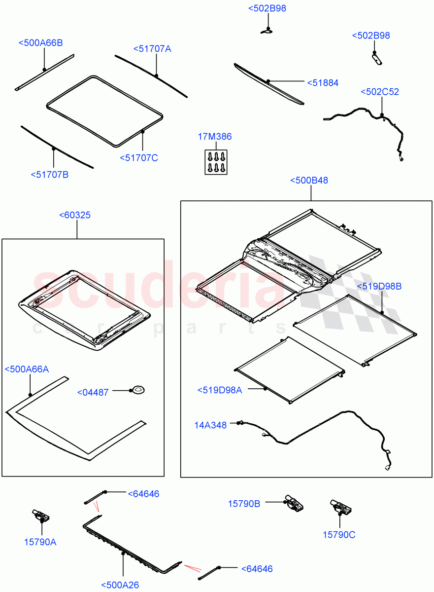 Sliding Roof Mechanism And Controls(Solihull Plant Build, Sunroof Frame)(Roof Conv-Power Open Front/Rear Pan,With Roof Conversion-Panorama Power)((V)FROMJA000001) of Land Rover Land Rover Discovery 5 (2017+) [2.0 Turbo Petrol AJ200P]