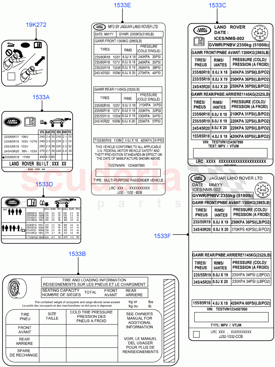 Labels(Tyre Pressure Label)(Halewood (UK)) of Land Rover Land Rover Range Rover Evoque (2012-2018) [2.0 Turbo Petrol AJ200P]