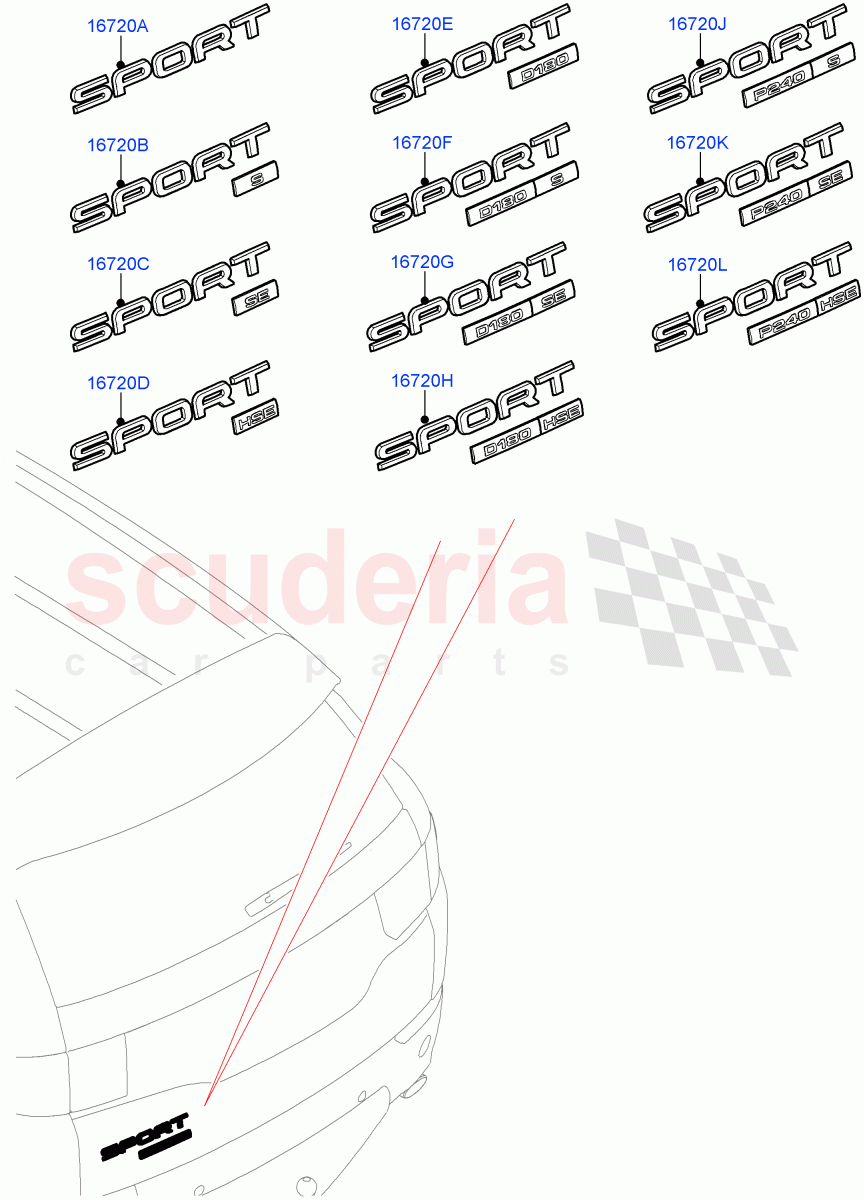 Name Plates(Halewood (UK),Less Engine Power Badge,Badge-Engine Power Diesel 180 PS,Badge-Engine Power Diesel 240 PS)((V)FROMLH000001) of Land Rover Land Rover Discovery Sport (2015+) [1.5 I3 Turbo Petrol AJ20P3]