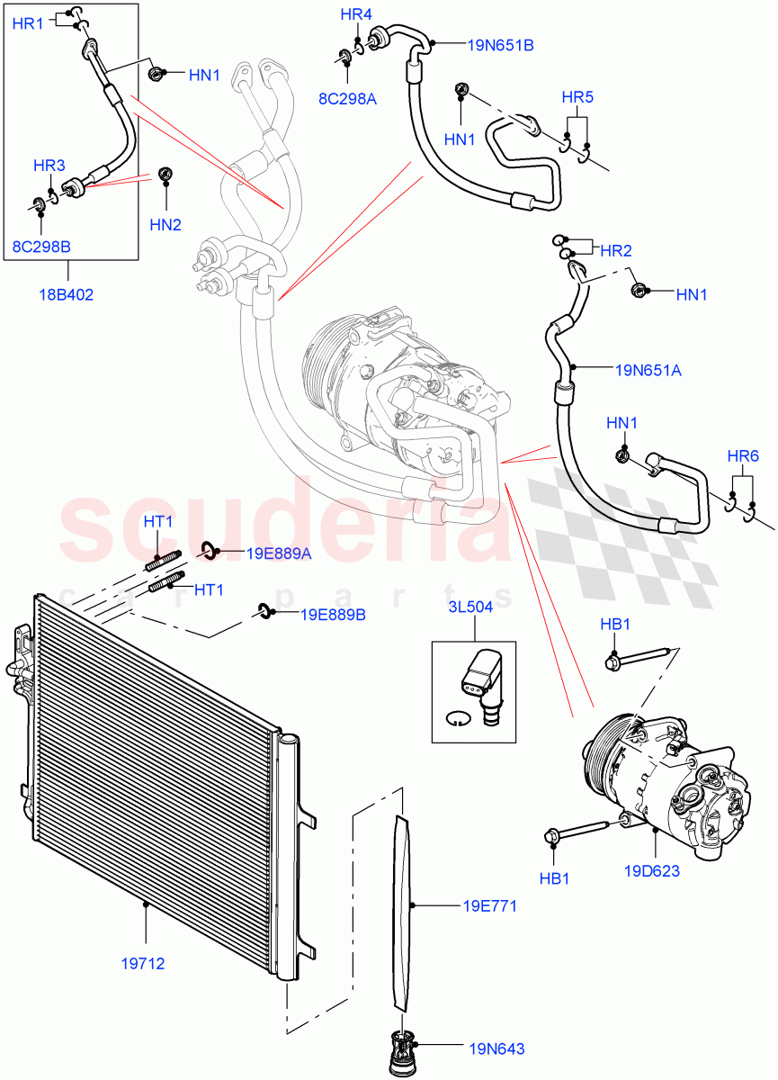 Air Conditioning Condensr/Compressr(2.0L I4 DSL MID DOHC AJ200,Itatiaia (Brazil),2.0L I4 Mid DOHC AJ200 Petrol,2.0L I4 DSL HIGH DOHC AJ200,2.0L I4 Mid AJ200 Petrol E100,2.0L AJ20D4 Diesel Mid PTA)((V)FROMGT000001) of Land Rover Land Rover Discovery Sport (2015+) [2.0 Turbo Petrol GTDI]