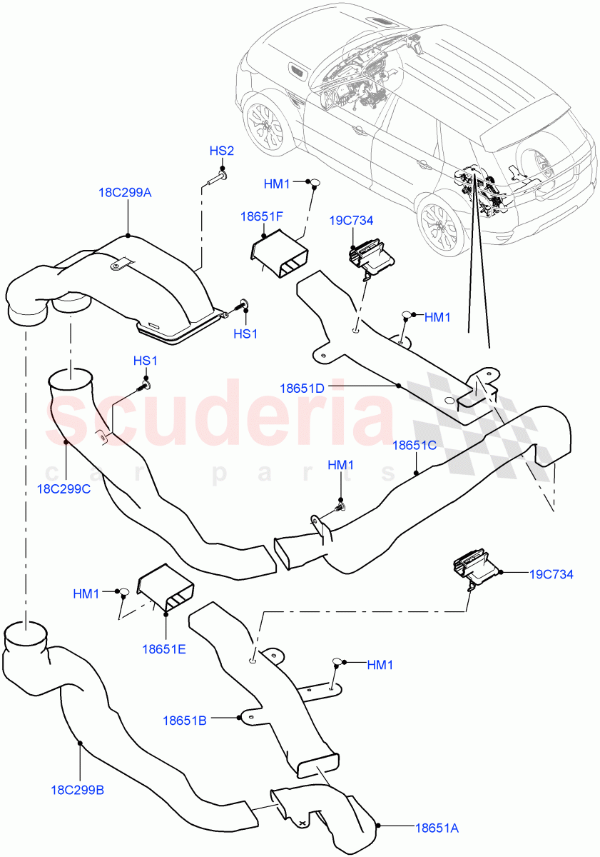 Air Vents, Louvres And Ducts(Internal Components, Under Rear Seat)(With 7 Seat Configuration,Premium Air Con Hybrid Front/Rear,With Air Conditioning - Front/Rear)((V)TOJA999999) of Land Rover Land Rover Range Rover Sport (2014+) [3.0 I6 Turbo Petrol AJ20P6]