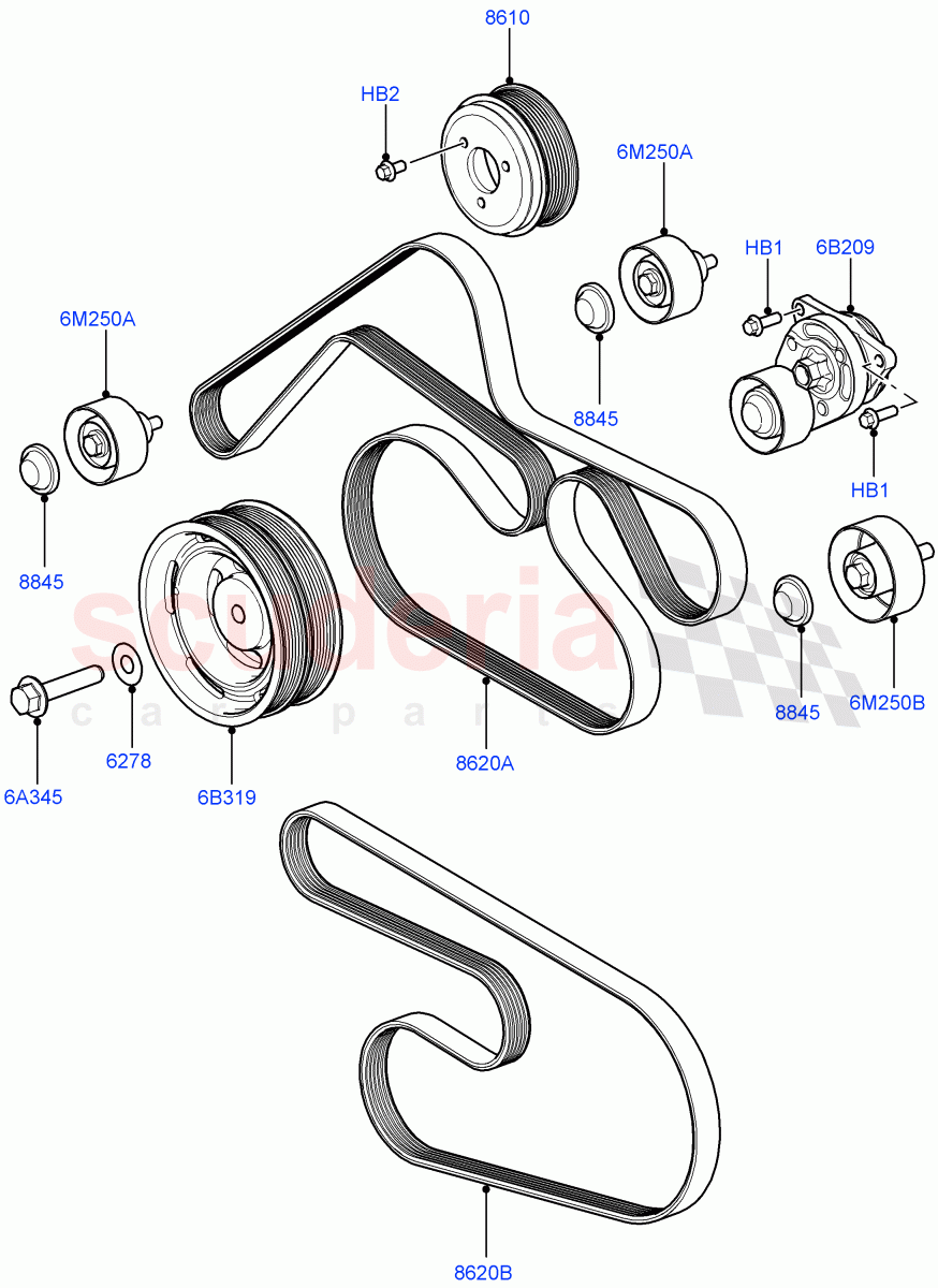 Pulleys And Drive Belts(3.6L V8 32V DOHC EFi Diesel Lion)((V)FROM7A000001,(V)TO9A999999) of Land Rover Land Rover Range Rover Sport (2005-2009) [3.6 V8 32V DOHC EFI Diesel]