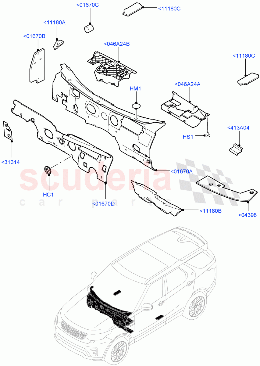 Insulators - Front(Passenger Compartment, Solihull Plant Build)((V)FROMHA000001) of Land Rover Land Rover Discovery 5 (2017+) [2.0 Turbo Petrol AJ200P]