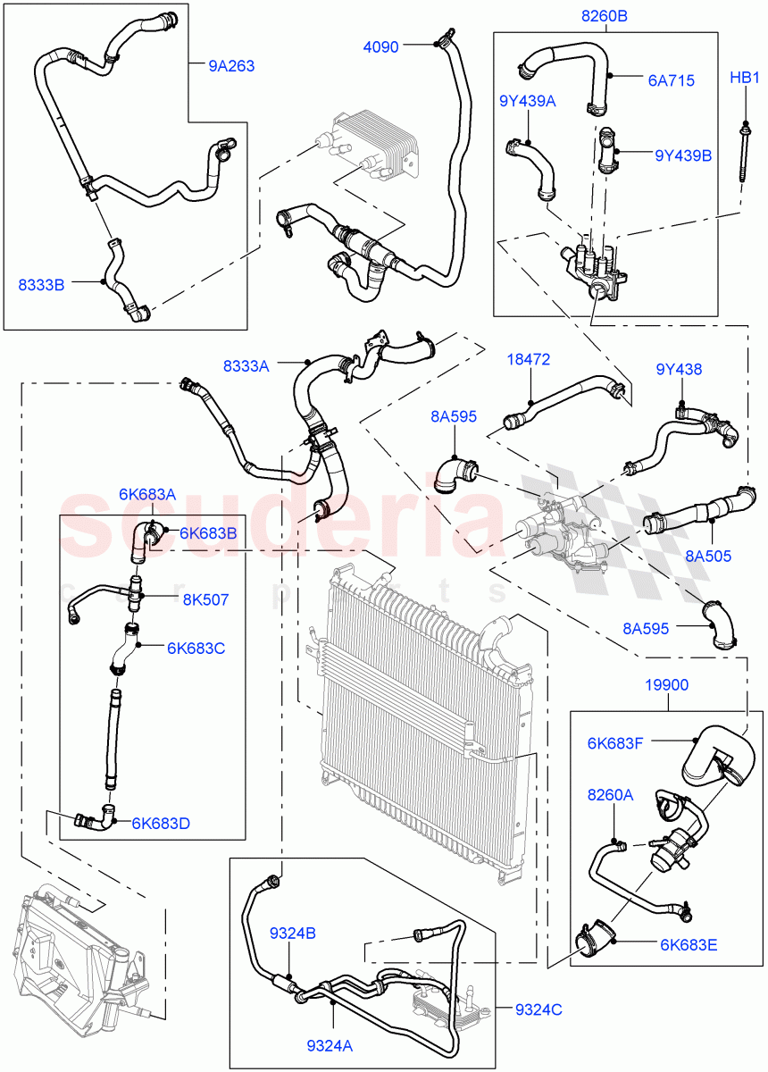 Cooling System Pipes And Hoses(3.6L V8 32V DOHC EFi Diesel Lion)((V)FROM7A000001,(V)TO9A999999) of Land Rover Land Rover Range Rover Sport (2005-2009) [3.6 V8 32V DOHC EFI Diesel]