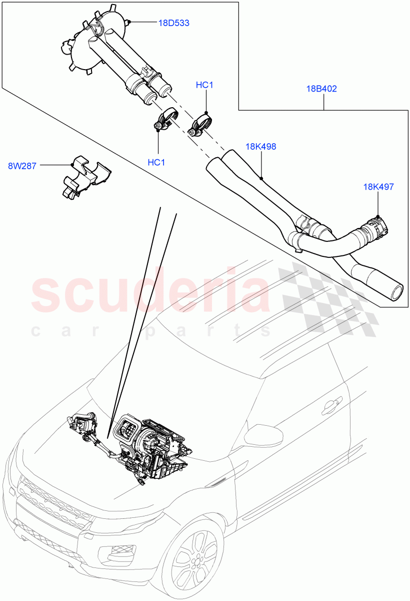 Auxiliary Heater Hoses (2.0L 16V TIVCT T/C 240PS Petrol, Halewood (UK), With Fuel Fired Heater, 2.2L CR DI 16V Diesel, Fuel Fired Heater With Park Heat, 2.0L 16V TIVCT T/C Gen2 Petrol, 2.0L I4 DSL MID DOHC AJ200, Fuel Heater W/Pk Heat With Remote) of Land Rover Land Rover Range Rover Evoque (2012-2018) [2.2 Single Turbo Diesel]