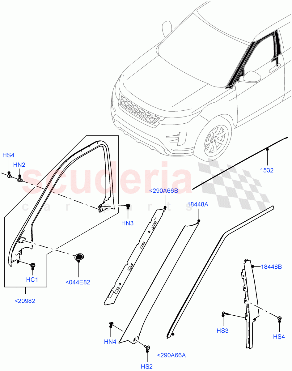Front Doors, Hinges & Weatherstrips (Finishers) (Halewood (UK)) of Land Rover Land Rover Range Rover Evoque (2019+) [1.5 I3 Turbo Petrol AJ20P3]
