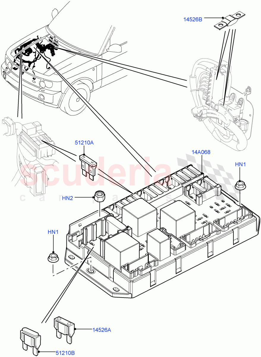 Fuses, Holders And Circuit Breakers(Engine Compartment)((V)FROMAA000001) of Land Rover Land Rover Range Rover (2010-2012) [5.0 OHC SGDI SC V8 Petrol]