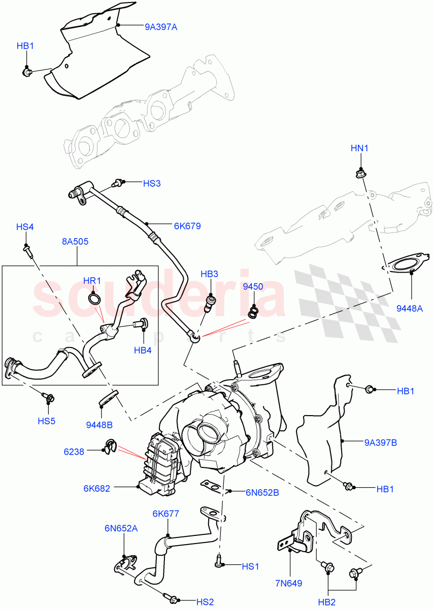 Turbocharger (Nitra Plant Build) (3.0 V6 D Low MT ROW, 3.0 V6 D Gen2 Mono Turbo) ((V) FROMK2000001) of Land Rover Land Rover Discovery 5 (2017+) [3.0 Diesel 24V DOHC TC]