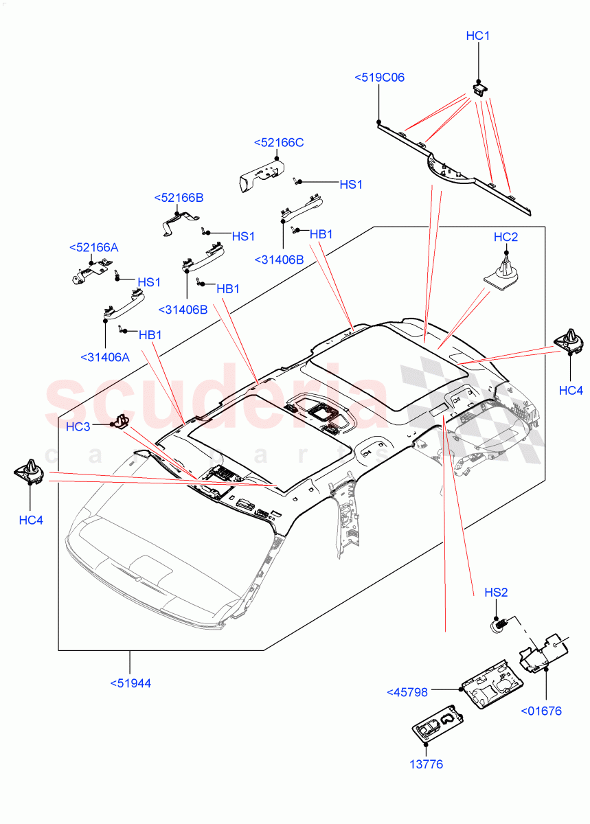 Headlining And Sun Visors (Solihull Plant Build) (Roof Conv-Front And Rear Panoramic, Version - Core, Roof Conv-Power Open Front/Rear Pan) ((V) FROMHA000001) of Land Rover Land Rover Discovery 5 (2017+) [3.0 DOHC GDI SC V6 Petrol]