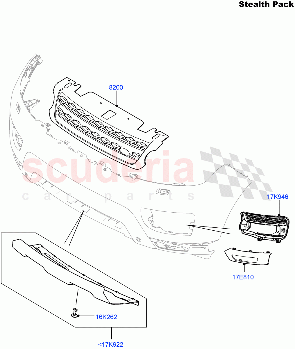 Radiator Grille And Front Bumper(Tow Eye Cover - Satin Black,Stealth Pack)((V)FROMFA000001,(V)TOHA999999) of Land Rover Land Rover Range Rover Sport (2014+) [4.4 DOHC Diesel V8 DITC]