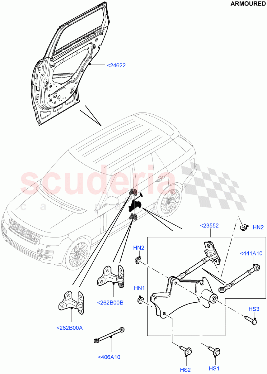 Rear Doors, Hinges & Weatherstrips (Armoured) ((V) FROMEA000001) of Land Rover Land Rover Range Rover (2012-2021) [5.0 OHC SGDI NA V8 Petrol]