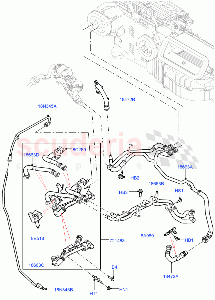 Heater Hoses (Front) (2.0L I4 High DOHC AJ200 Petrol, With Fuel Fired Heater, With Front Comfort Air Con (IHKA), Premium Air Conditioning-Front/Rear) ((V) FROMJA000001, (V) TOJA999999) of Land Rover Land Rover Range Rover Sport (2014+) [3.0 I6 Turbo Petrol AJ20P6]