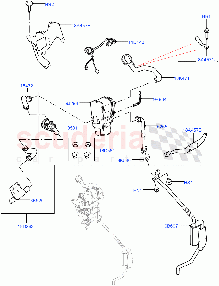 Auxiliary Fuel Fired Pre-Heater (Solihull Plant Build) (3.0 V6 D Gen2 Mono Turbo, With Fuel Fired Heater, Less Park Heating, 2.0L I4 DSL HIGH DOHC AJ200, 3.0 V6 D Low MT ROW, 2.0L I4 DSL MID DOHC AJ200) ((V) FROMJA000001, (V) TOJA999999) of Land Rover Land Rover Discovery 5 (2017+) [3.0 I6 Turbo Diesel AJ20D6]